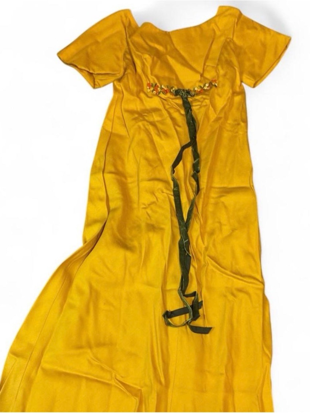 Vintage Mustard Yellow Maxi Dress with Decorative Ribbon